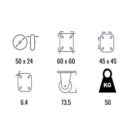 Zwenkwiel met thermoplastisch rubber, stalen gaffel en plaatbevestiging, meerdere afmetingen