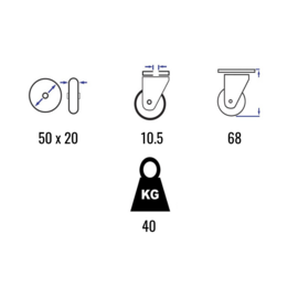 Zwenkwiel met rem, thermoplastisch rubber, velg van polypropyleen, stalen gaffel en boutgat, meerdere afmetingen