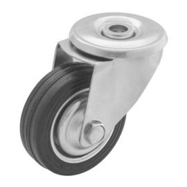 Zwenkwiel met zwarte rubberband en stalen velg, stalen gaffel en boutgat, meerdere afmetingen