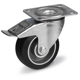 Zwenkwiel met rem, elastische rubberband, velg van aluminium, stalen gaffel en plaatbevestiging, meerdere afmetingen