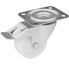 Zwenkwiel met rem, polyamide band, stalen gaffel en plaatbevestiging, meerdere afmetingen