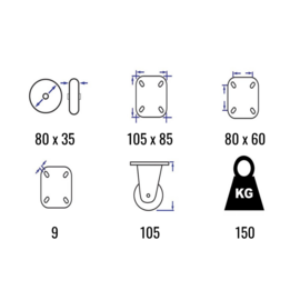 Zwenkwiel met rem, polyamide band, stalen gaffel en plaatbevestiging, meerdere afmetingen