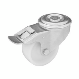 Zwenkwiel met rem, polyamide band, stalen gaffel en boutgat, meerdere afmetingen