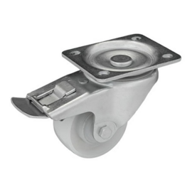 Zwenkwiel met rem, polyamide band, centrale bout, stalen gaffel en plaatbevestiging, meerdere afmetingen