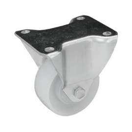 Bokwiel met polyamide band, centrale bout, stalen gaffel en plaatbevestiging, meerdere afmetingen