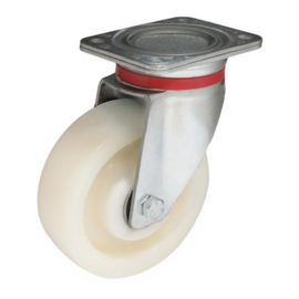 Zwaarlast zwenkwiel met polyamide band, stalen gaffel en plaatbevestiging, meerdere afmetingen