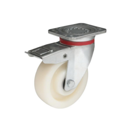 Zwaarlast zwenkwiel met rem, polyamide band, stalen gaffel en plaatbevestiging, meerdere afmetingen